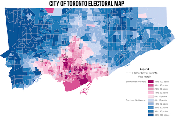 Toronto’s city-suburb electoral divide. Blue areas voted overwhelmingly for Rob Ford while pink areas voted for his opponent, George Smitherman. The dotted line indicates the boundary of the former City of Toronto prior to amalgamation in 1997. (Click to enlarge)