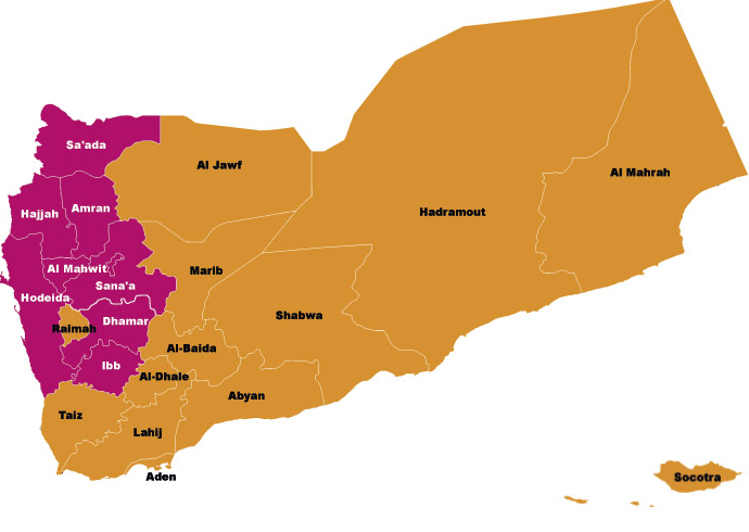 On Tuesday and Wednesday the Houthis erected checkpoints and increased their presence in the capital cities of Hodeida, Dhamar, and Ibb governorates. Purple indicates governorates where Houthis have a notable presence.