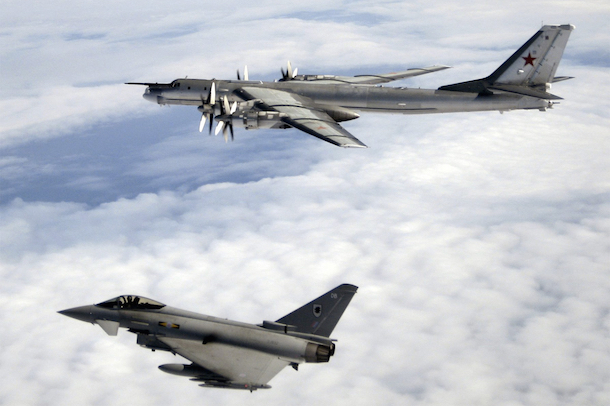 A Typhoon F2 escorting a Russian Bear-H aircraft over the North Atlantic Ocean in August 2008. (UK Ministry of Defence)
