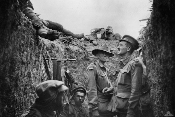 Lieutenant General Sir Leslie James Morshead looking at dead Australian and Turkish soldiers.