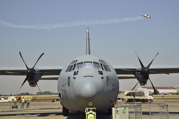 A C-130J Super Hercules parked at the Africa Aerospace and Defence Expo 2014 Sept. 17, 2014, at Waterkloof Air Force Base, South Africa. (Staff Sgt. Travis Edwards/USAF)