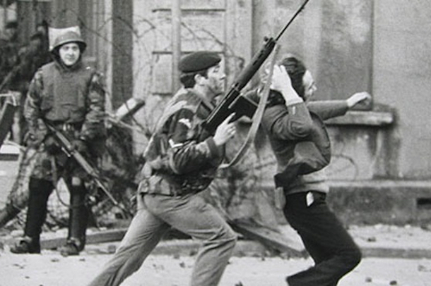 A British soldier arrests a youth in Derry on Bloody Sunday. (Fred Hoare/Belfast Telegraph)