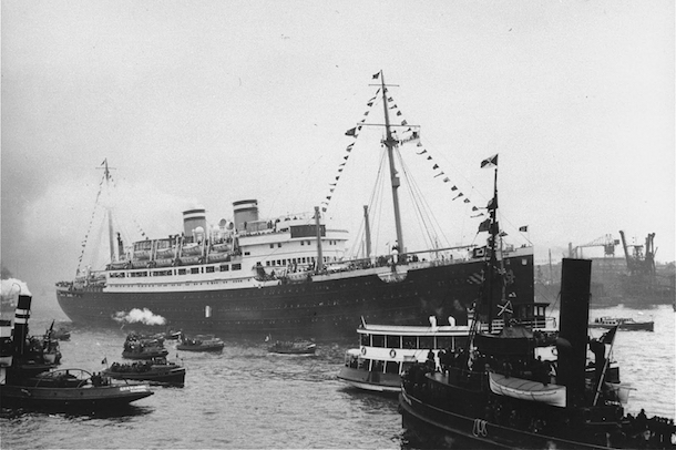The "St. Louis," carrying more than 900 Jewish refugees, waits in the port of Havana. The Cuban government denied the passengers entry. Cuba, June 1 or 2, 1939. (U.S. Holocaust Memorial Museum)