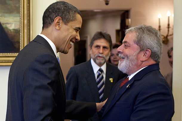 President Barack Obama greets former President Lula in the Oval Office, March 2009. (Pete Souza)