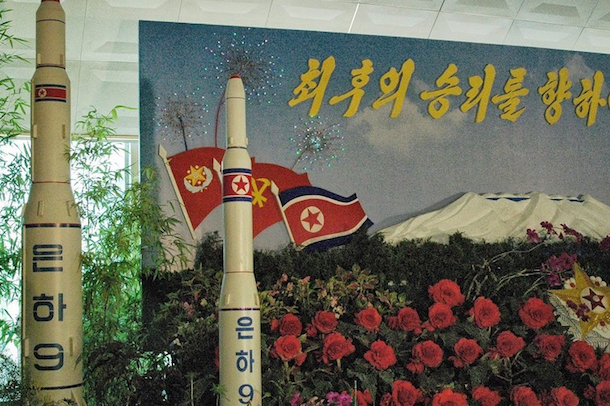 Unha-9 rocket model on display at floral exhibition, Pyongyang, 2013. (Steve Herman/Voice of America)