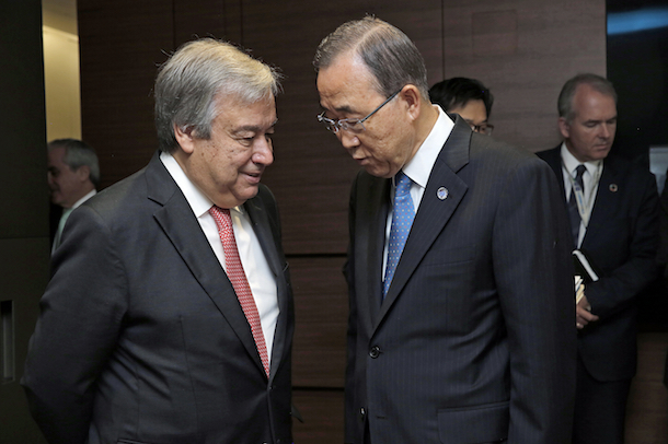 Secretary General Ban Ki-moon pictured with his successor, António Guterres. (Evan Schneider)