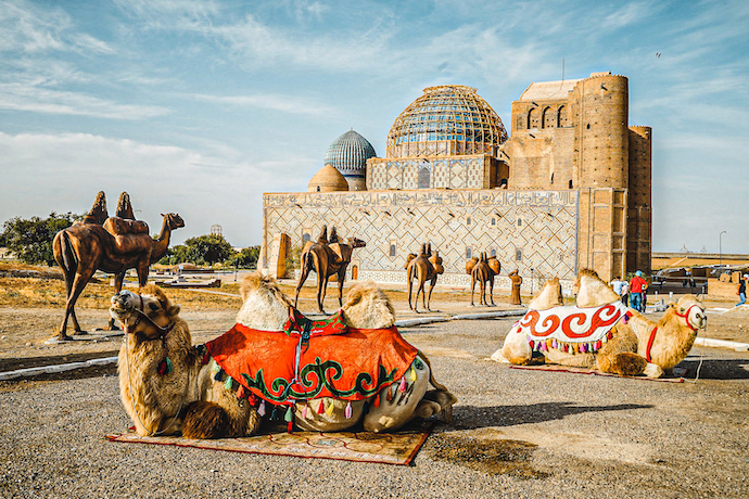 Camels in front of Turkestan, Kazakhstan
