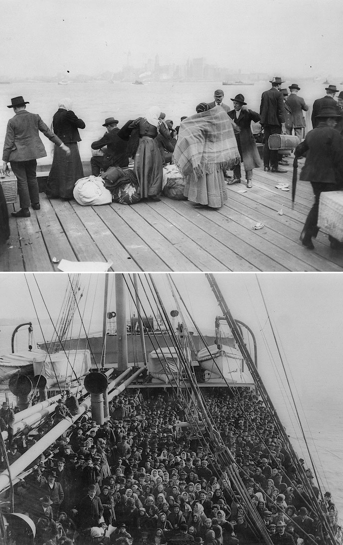 Immigrants arriving by boat at Ellis Island around the turn of the century