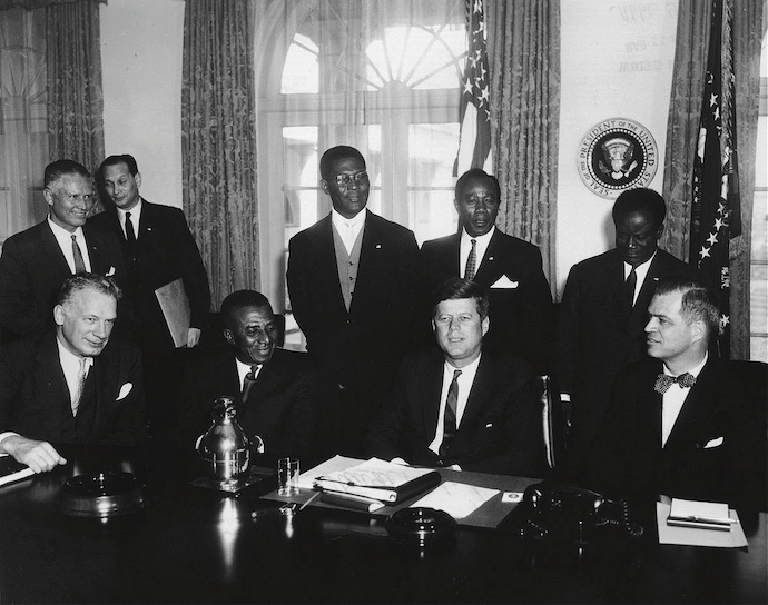President John F. Kennedy meeting with Sylvanus Olympio, the president of Togo in 1962