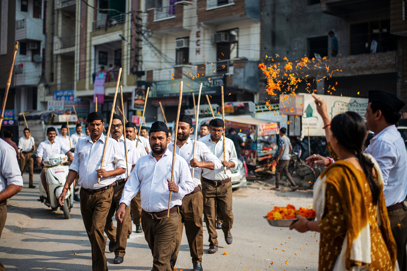 Members of the Rashtriya Swayamsevak Sangh (RSS) during march in Ghaziabad, Uttar Pradesh