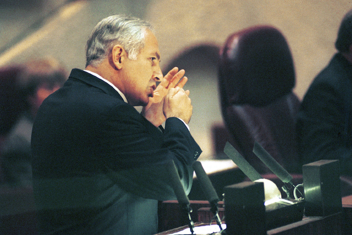 Benjamin Netanyahu on the floor of the Knesset in 1995 during debate on the Oslo B' agreement