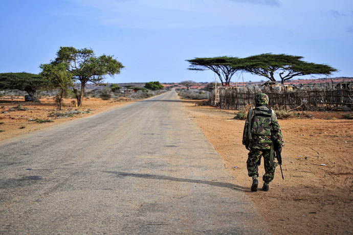 A Kenyan soldier stands guard at Kismayo International Airport in November 2012
