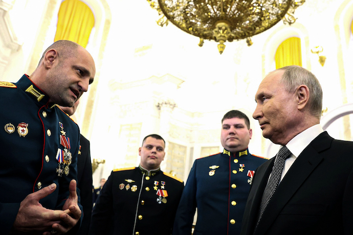 Vladimir Putin talking with Artem Zhoga, commander of the Sparta Battalion, a pro-Russian armed group in Ukraine
