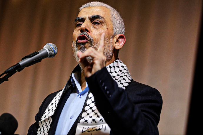 Yahya Sinwar, the leader of Hamas, speaking in Gaza