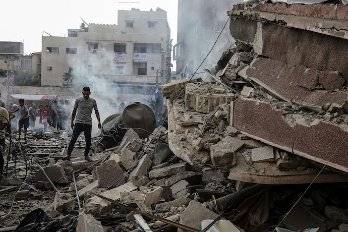 Destroyed homes in Khan Yunis following an Israeli air strike