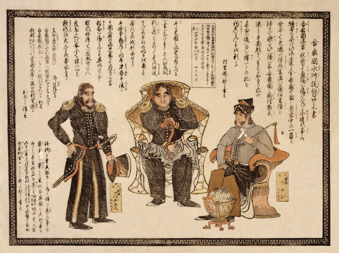 A Japanese print showing Commodore Matthew Perry in Japan in the early 1850s
