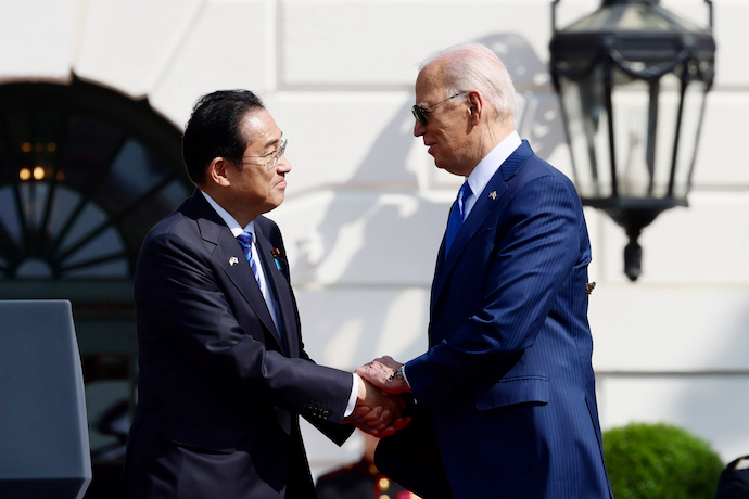 President Biden greeting Japanese Prime Minister Fumio Kishida at the White House