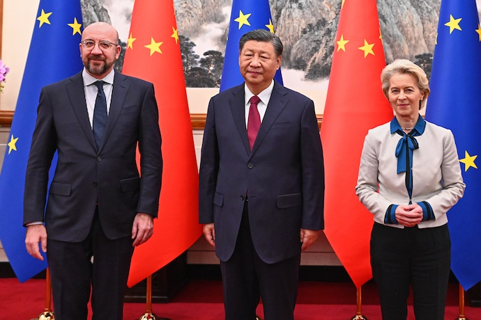 European Commission President Ursula von der Leyen and President of the European Council Charles Michel with Chinese President Xi Jinping, in Beijing, China