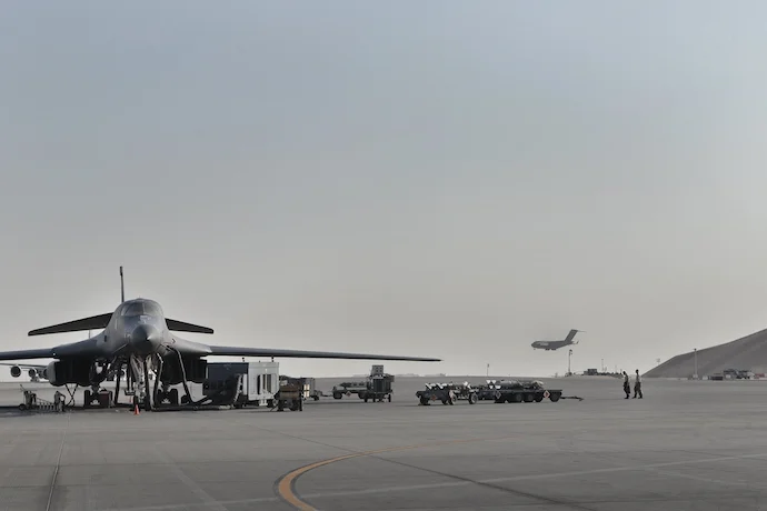 B1-B Lancer bomber parked at Al Udeid Air Base