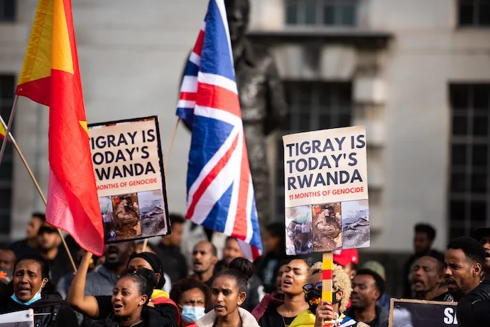 Protesters decrying lack of action to end Tigray War outside 10 Downing Street in October 2021