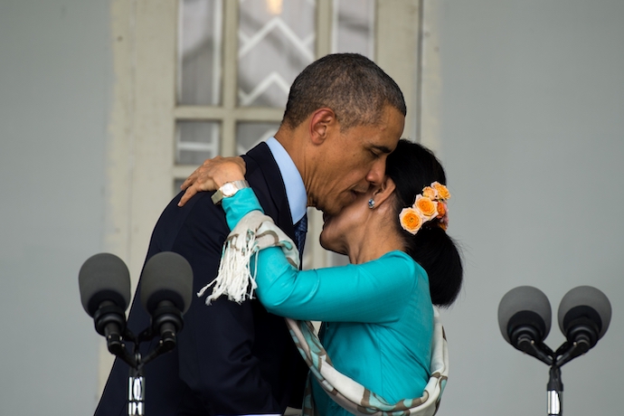 Aung San Suu Kyi embracing President Barack Obama during his visit to the country in 2014