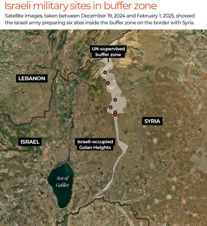 Satellite images, taken between December 19, 2024, and February 1, showed the Israel Defense Forces preparing six sites inside the buffer zone on the border with Syria