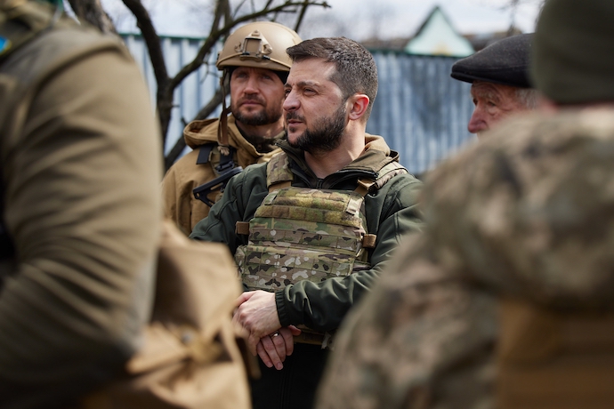 President Zelensky visiting Bucha shortly after Russian forces were expelled in 2022