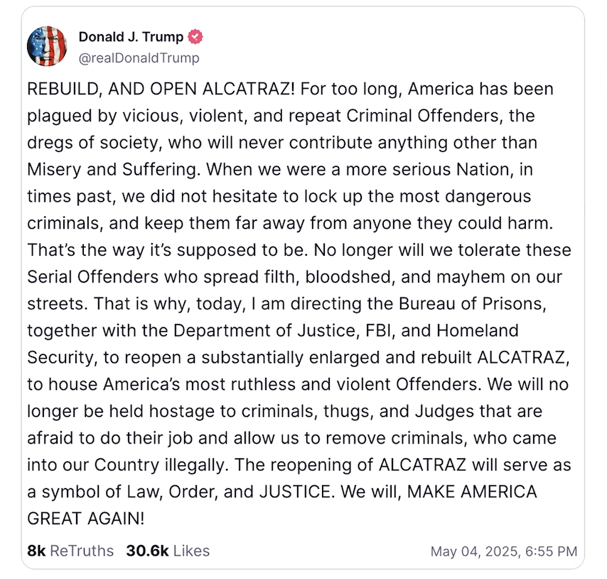 Donald Trump Alcatraz Truth Social