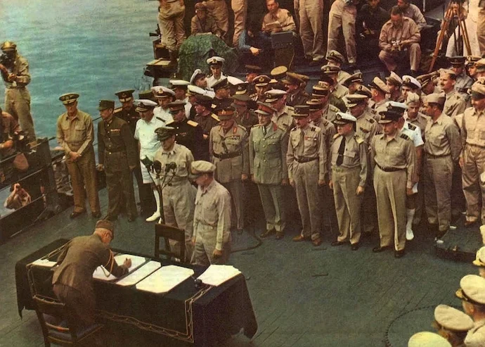 Japanese surrender aboard the battleship Missouri in Tokyo Bay on September 2, 1945