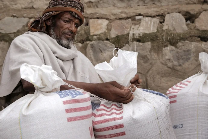 A villager collecting U.S. food assistance in Ethiopia in 2016