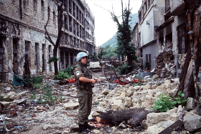 A Spanish peacekeeper in Mostar, Bosnia and Herzegovina during the war