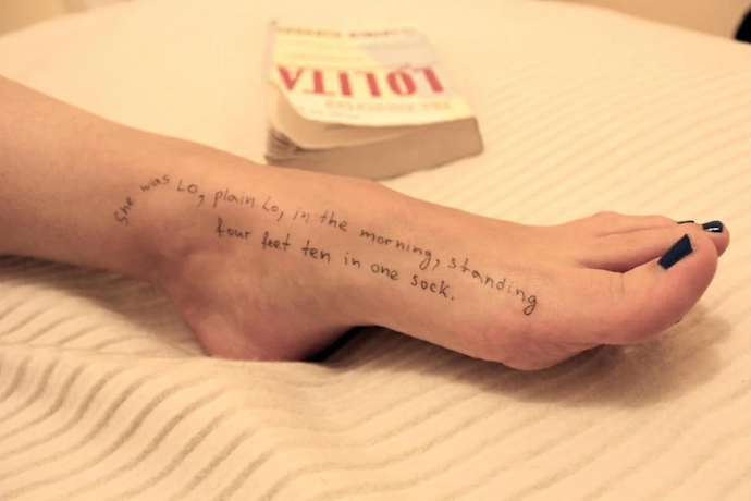 A photo of a foot with a line from ‘Lolita,’ which the Epstein estate provided to Congress